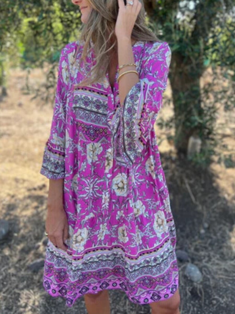 Damskie Sukienka midi Codzienne sukienki Sukienki w stylu boho Bohema Codzienny Boho Urlop Codzienny Plaża Luźna Kwiaty Rękaw 3/4 Kołnierzyk koszuli Granatowy Królewski błękit Fioletowy Lato Wiosna 2025 - $32.99 –P6