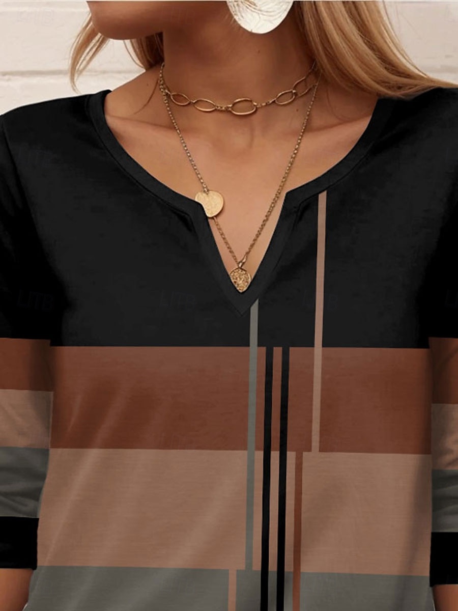 Femme T shirt Géométrique Rayé Décontractées manche longue Col cranté Hauts réguliers du quotidien Imprimer Noir Bleu Violet Vert Eté Printemps Automne de 2025 ? $27.99 –P3