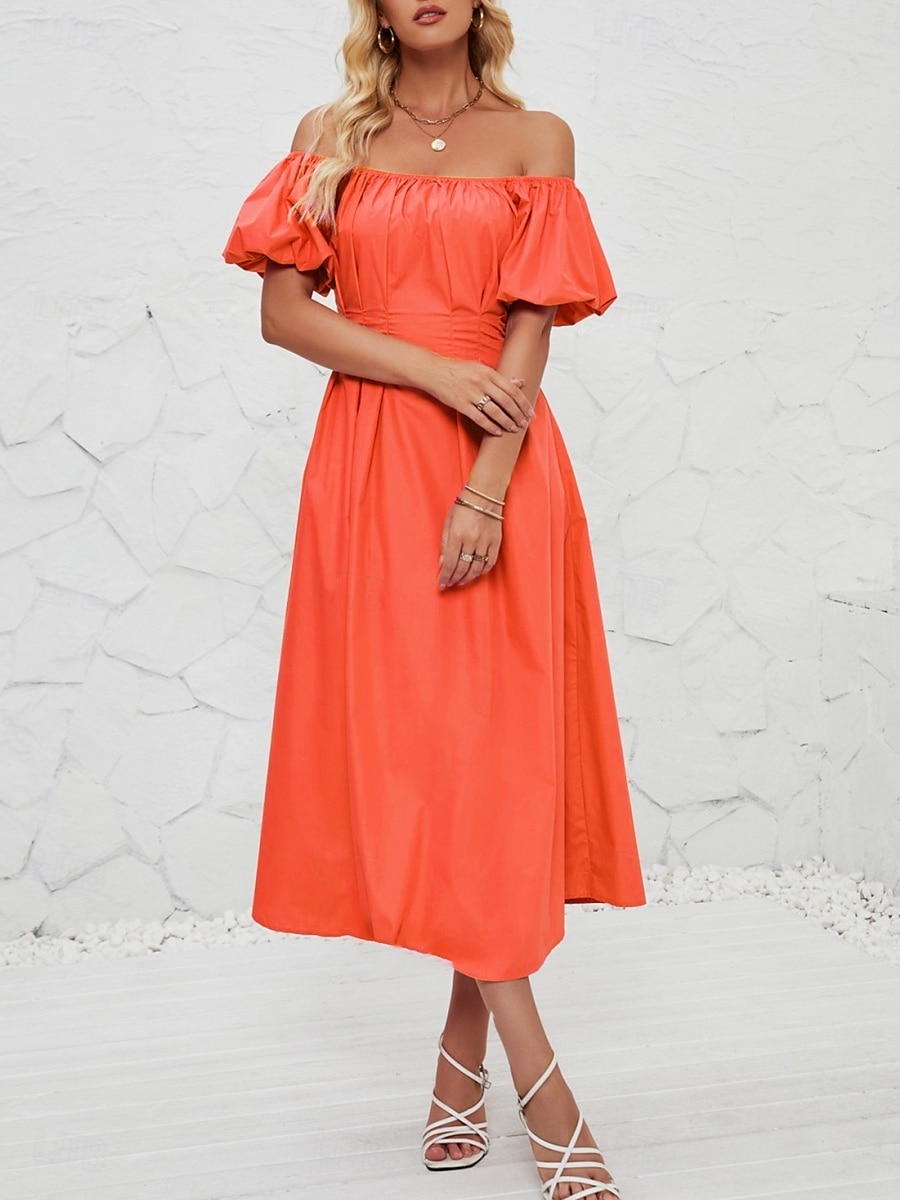 Femme Robe mi-longue Robe casual Robe Évasée Robe Trapèze Elégant mode Décontractées Vacances du quotidien Standard Plein Manche Courte Epaules Dénudées Rose Claire Orange Eté Printemps de 2025 ? $34.99 –P7