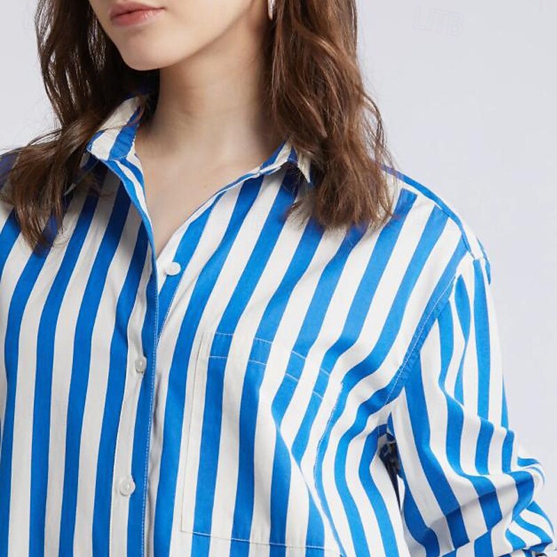 Pentru femei Rochie Mini Rochii Tip Cămașă Rochie casual Rochie de vară Stilat Casual Vacanță Zilnic Dată Fit regulat Dunga Manșon Lung Rever Albastru piscină Vară Primăvară 2025 - $25.99 –P2