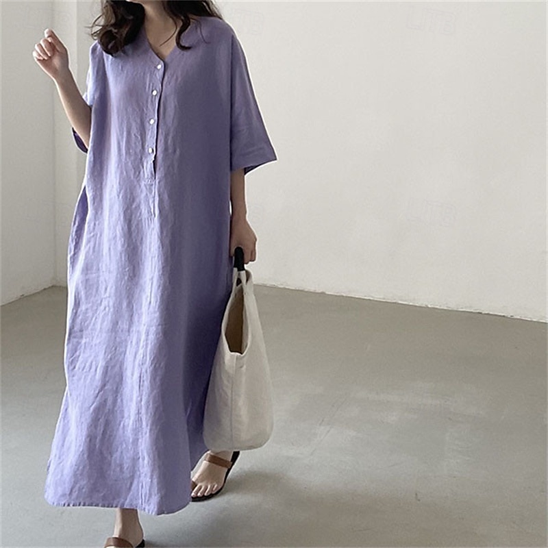 Women's Long Dress Maxi Dress Linen-Inspired Dresses Casual Dress Stylish Ethnic Casual Vacation Daily Date Regular Fit Plain Half Sleeve V Neck Purple Summer Spring 2025 - $28.99 –P2
