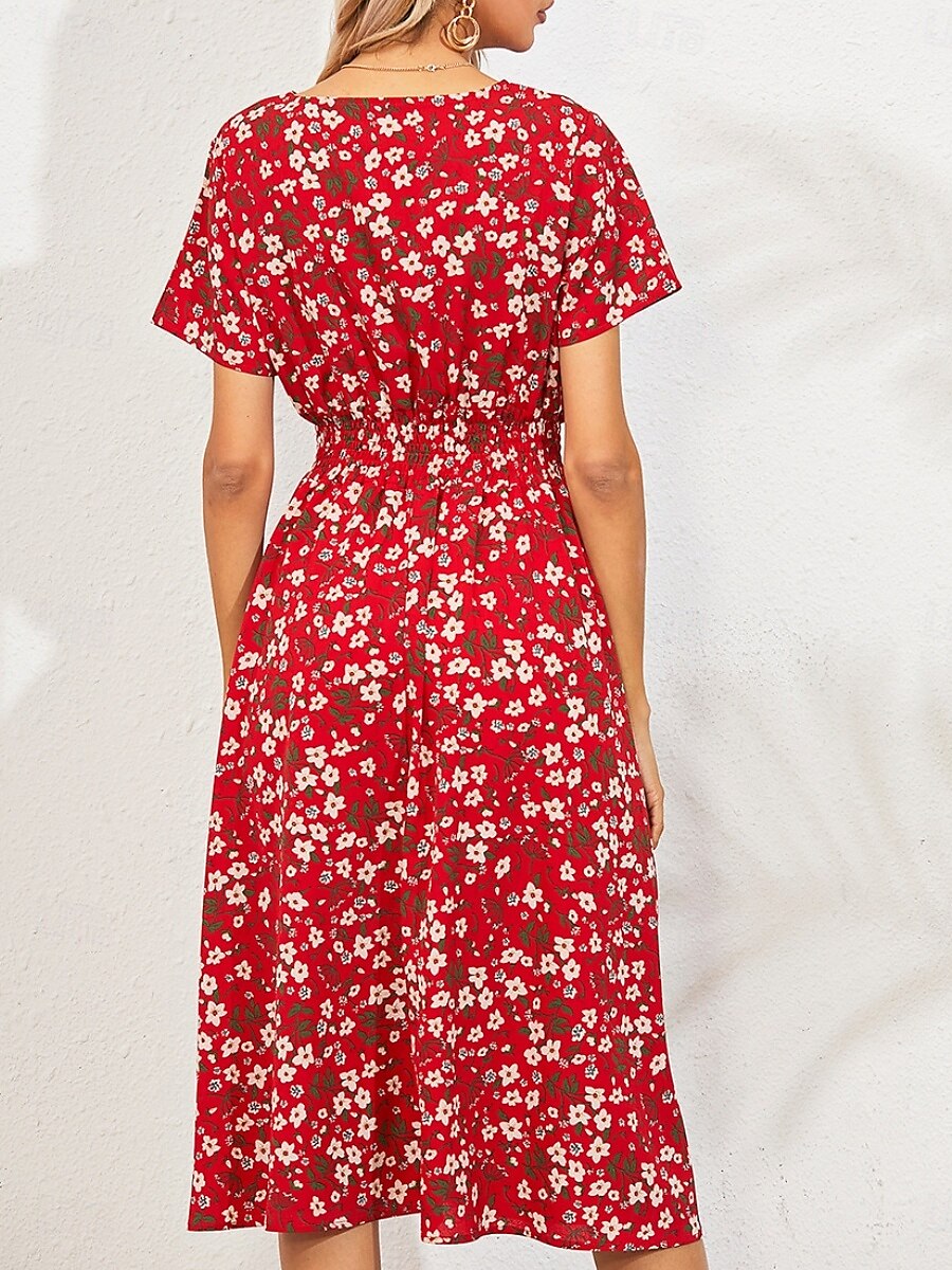 Dam Midiklänning Vardagsklänning Swingklänning A linjeklänning Stylish Ledigt Semester Dagligen Normal Blommig Kortärmad V-hals Svart Vit Gul Rodnande Rosa Sommar 2025 - $23.99 –P3