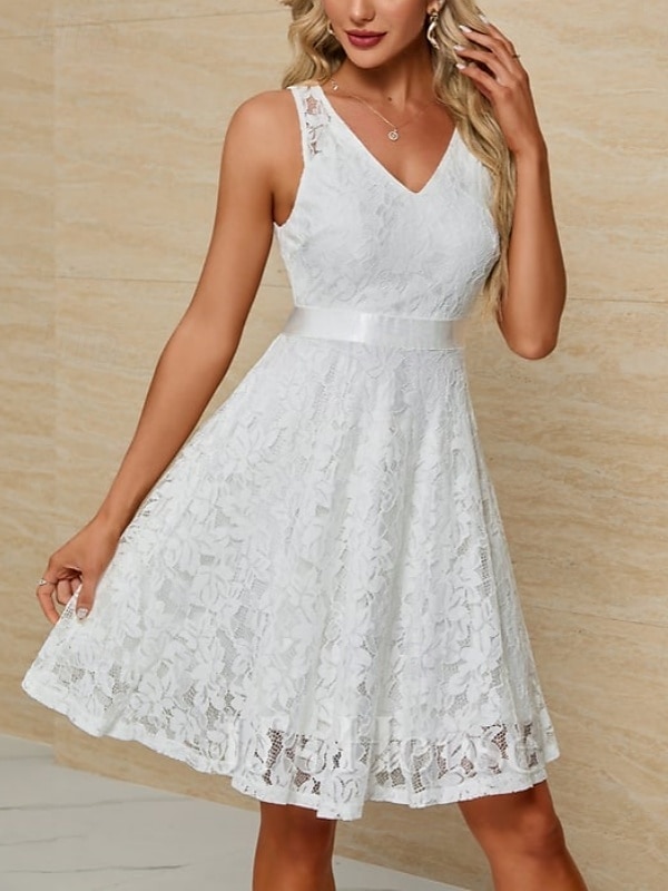 Engagement Little Graduation White Dresses Wedding Dresses A-Line V Neck Sleeveless Knee Length Satin Bridal Gowns With Sash / Ribbon 2025 2025 - $154.99 –P3