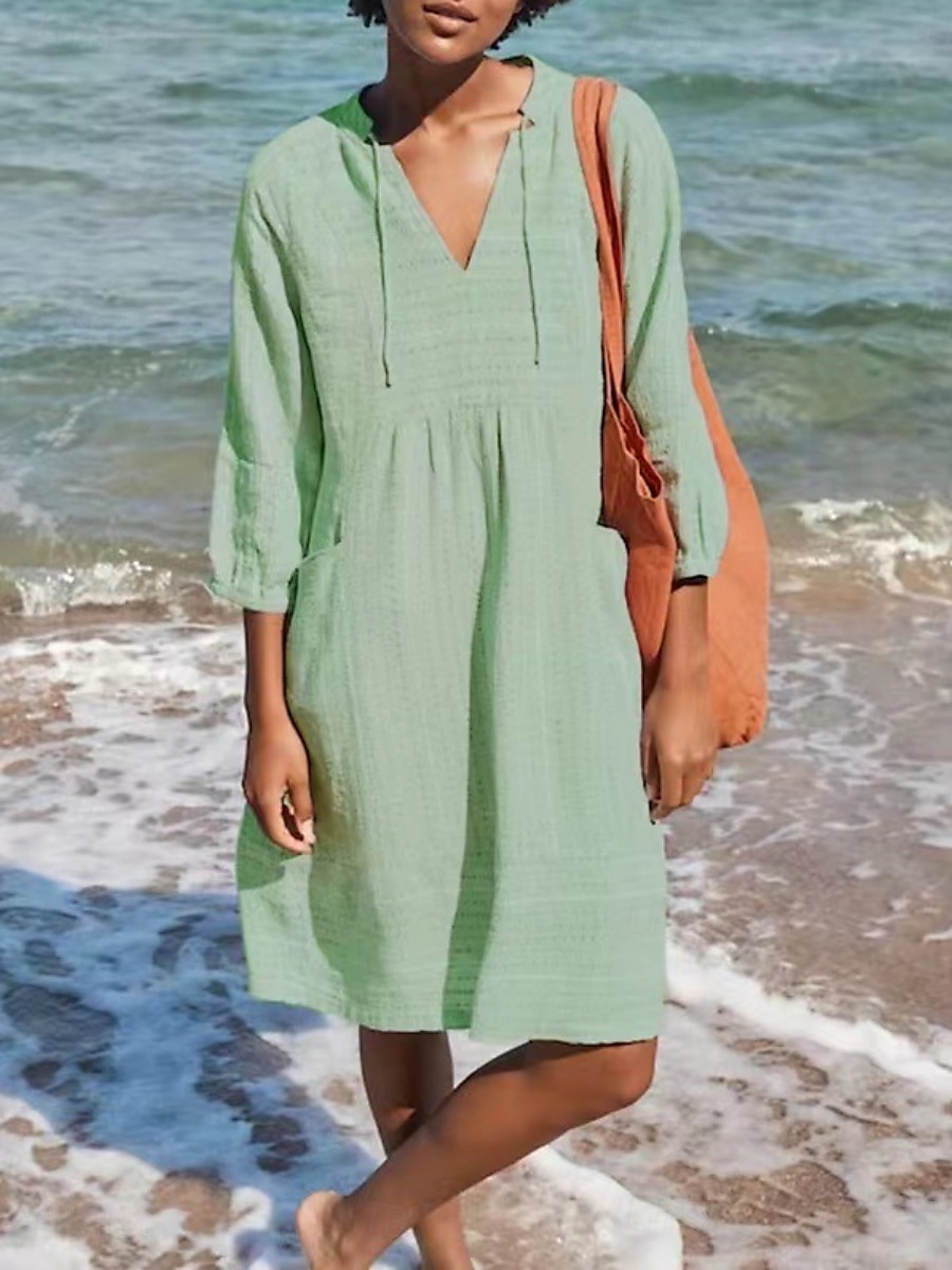 Femmes Robe Midi Robes en coton et lin Robe Décontractée Basique Occasionnel Vacances Quotidien Coupe régulière Uni Manche 3/4 Col en V Noir Blanche Vert Claire Bleu clair Été de 2025 ? $32.99 –P9