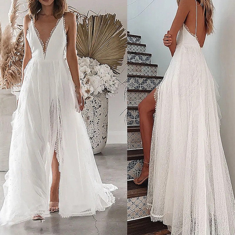 Damen Maxikleid Abschlusskleid Freizeitkleid A Linie Kleid Sommerkleid Stilvoll Sexy Urlaub Täglich Date Normale Passform Einfach Ärmellos V Ausschnitt Weiß Sommer 2025 - $28.99 –P1