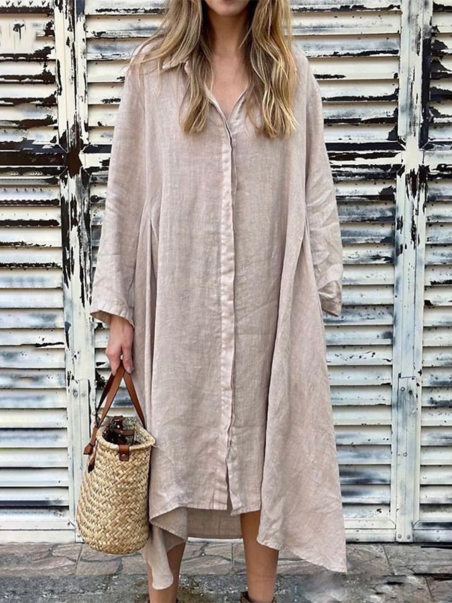 Damen Maxikleid Baumwoll-Leinen-Kleider Hemdblusenkleid Freizeitkleid Maxikleid aus Baumwolle Basic Lässig Urlaub Täglich Normale Passform Einfach Langarm Hemdkragen Dunkelgrün Aprikose Grau Sommer 2025 - $38.99 –P3