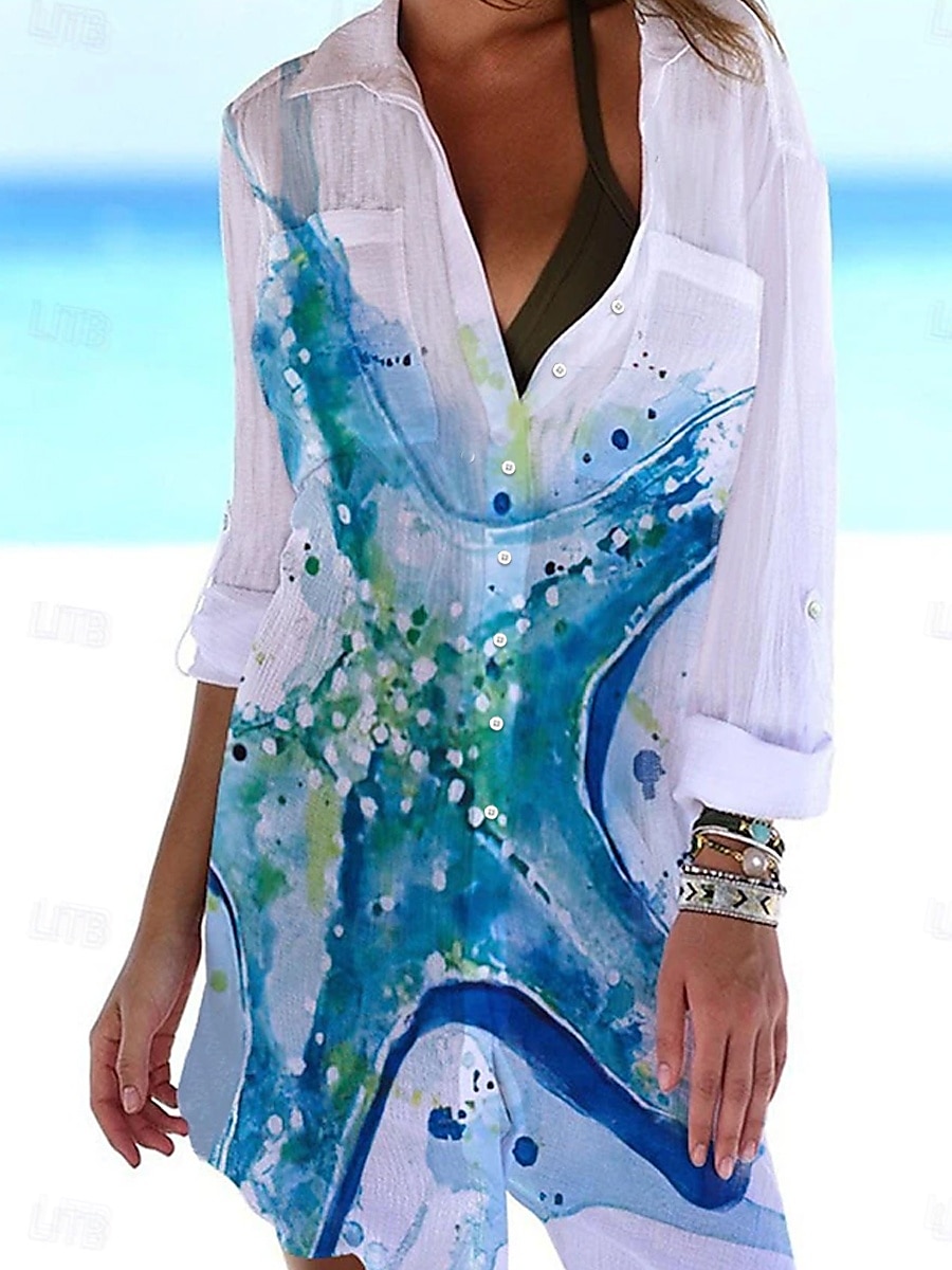 Kvinnors Mini Klänning Skjortklänning Täcka Upp Strandmode Mini Klänning Pockettryck Mode Avslappnat Fisk Vikbar 3/4 Längd Ärmar Lång Passform Utomhus Daglig Vit Blå 2023 Sommar Vår S M L XL 2025 - $46.99 –P5