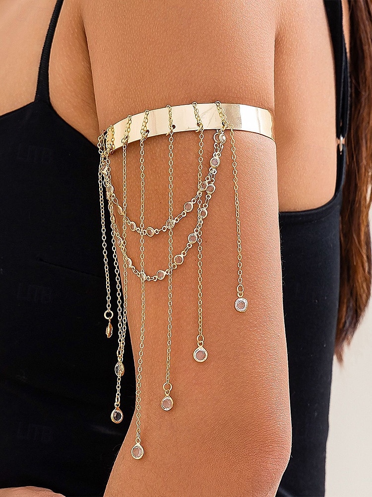 dammanschettarmband i guldkedja – eleganta justerbara överarmssmycken med strass tofsar och dingelkedjor för fester och speciella tillfällen 2025 - $9.99 –P1