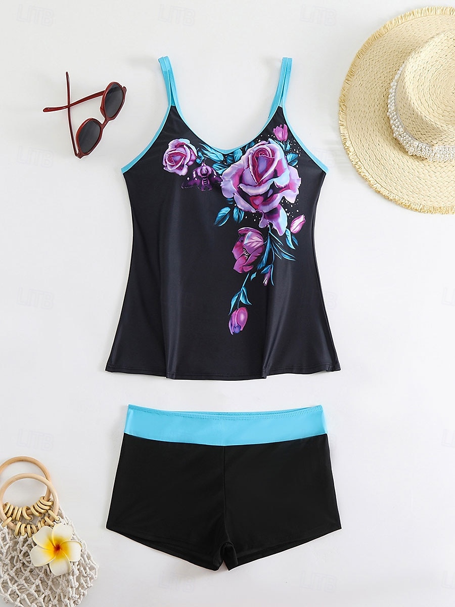Dam Badkläder Bikini 2 st Pojkeben Baddräkt Öppen rygg Smal Semester Standkläder Blommig U-hals Ärmlös Baddräkter 2025 - $29.99 –P2
