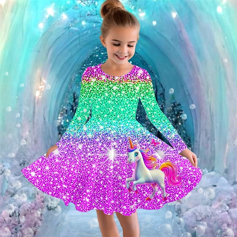 Flickor 3D Grafisk Enhörnings Klänning Långärmad Sommar Vår Semester Dagligen Helgdag Prinsessa Skön Ljuv Barn 4-12 år Vardagsklänning A linjeklänning Knälång Normal 2025 - $16.99 –P3