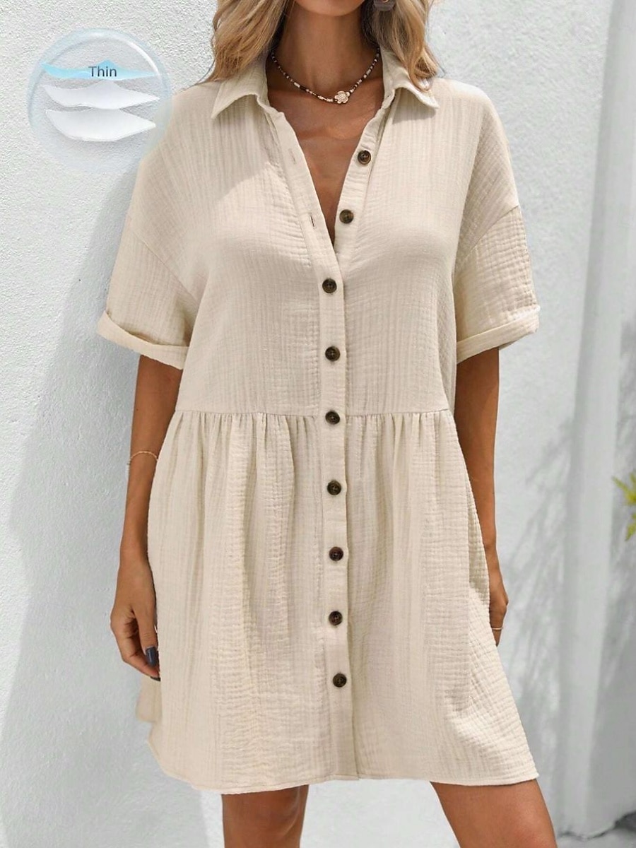 Robe-chemise courte pour femme, basique, décontractée, pour le quotidien, les vacances, coupe classique, manches courtes, col, noir, rose, abricot, été de 2026 ? $31.99 –P5