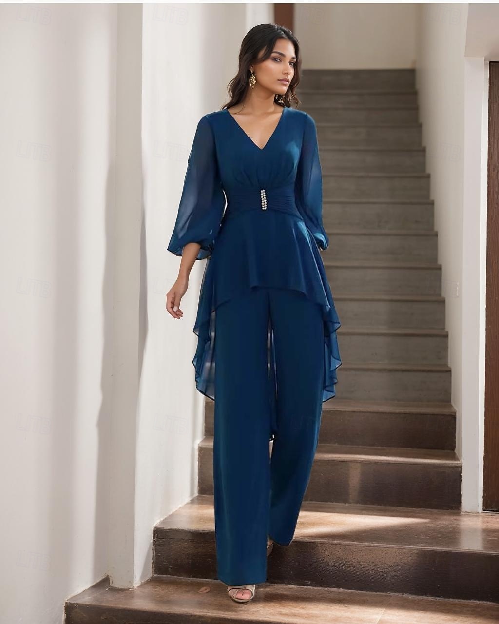 Jumpsuit / Pantsuit Mother of the Bride  Formal Wedding Guest Elegant Simple V Neck Floor Length Chiffon 3/4 Length Sleeve Wrap Included with Solid Color 2025 2025 - $178.99 –P1