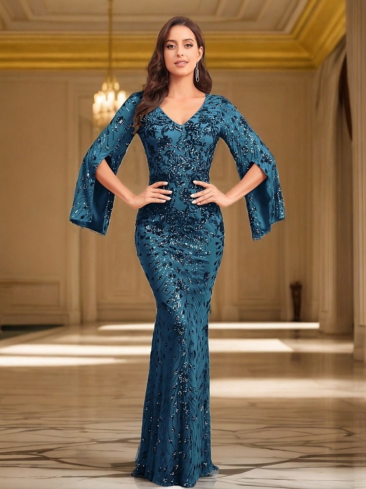 Vestido de Sereia de Noite Vintage Formal Casamento Comprimento do Chão Manga Longa Decote em V com Apliques de 2025 por $129.99 –P1