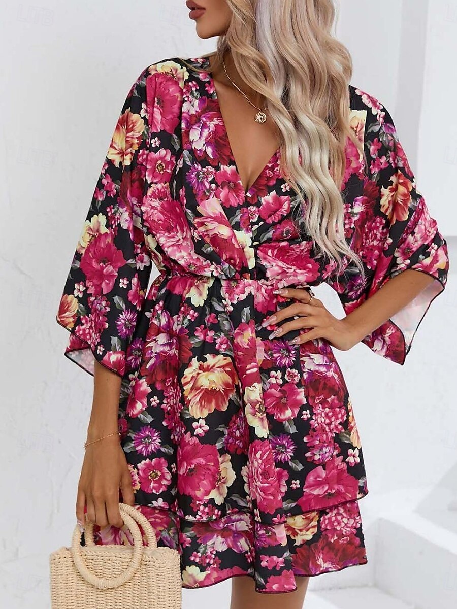 Dames Mini-jurk Casual jurk A lijn jurk Stijlvol Casual Vakantie Dagelijks Normale pasvorm Bloemig 3/4 mouw V-hals Zwart Rood Zomer Lente 2025 - $27.99 –P8