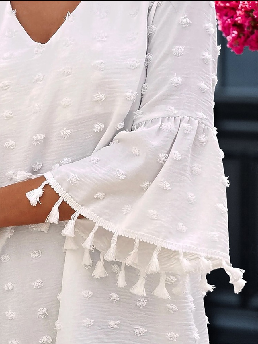 Damen Minikleid Weißes Kleid Brautkleider schlicht Ausgestellter Ärmel Urlaub Täglich Lockere Passform 3/4 Ärmel V Ausschnitt Weiß Hellgrün Sommer 2025 - $31.99 –P3