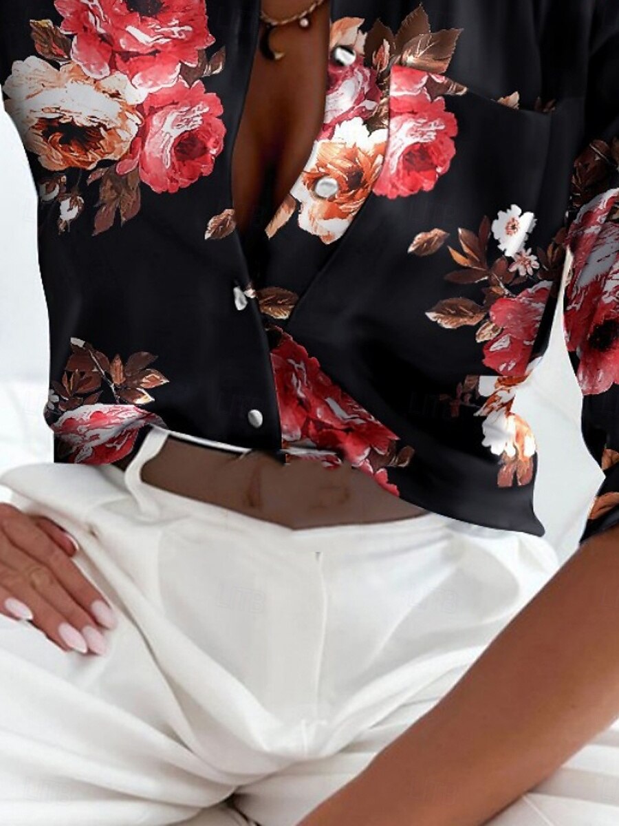 Dame Skjorte Bluse Blomstret Geometrisk Stilfull Fritid Langermet Skjortekrage Vanlige topper Daglig Knapper Trykt mønster Svart Blå Grønn Sommer Vår 2025 - $22.99 –P3