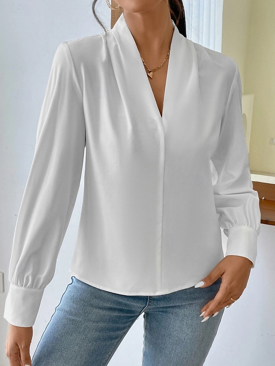 Dame Skjorte Bluse Helfarge Stilfull Fritid Langermet V-hals Vanlige topper Daglig Knapper Lomme Svart Hvit Gul Blå Grønn Sommer Vår 2025 - $31.99 –P5