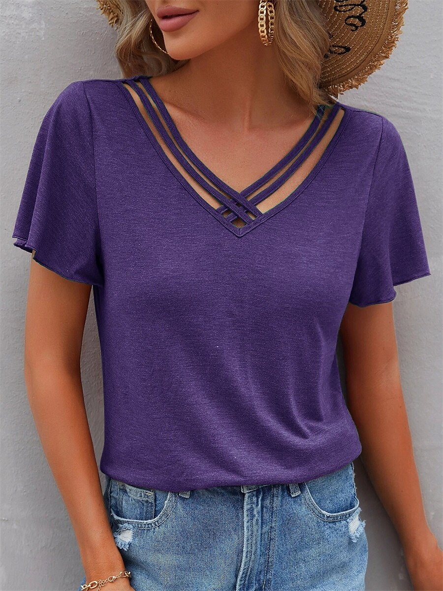 Femme T shirt Plein Mode Moderne Décontractées Manche Courte Col V Hauts réguliers du quotidien Fin de semaine Noir Vert Véronèse bleu marine Violet Eté Printemps de 2025 ? $21.99 –P7
