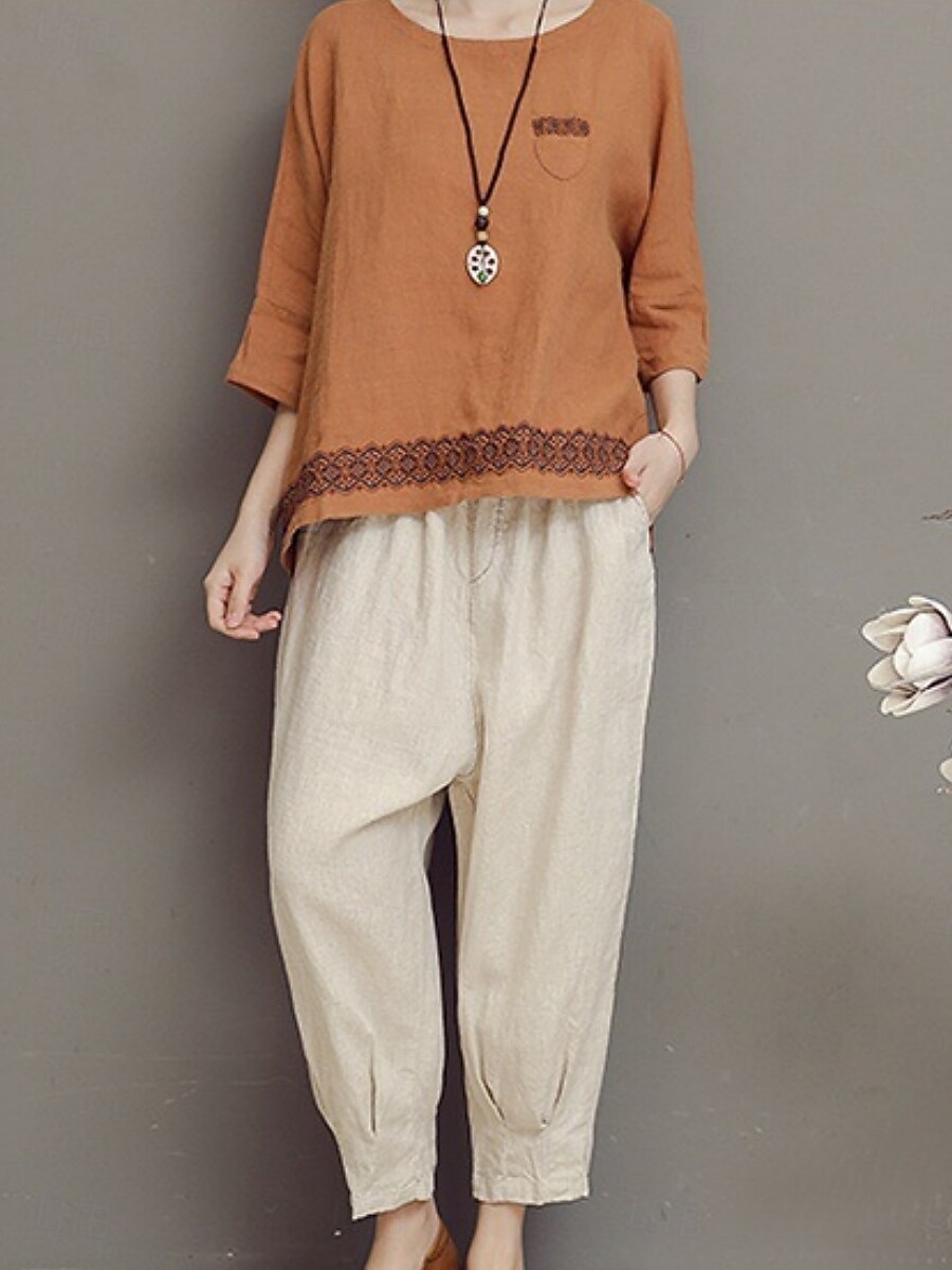 Damen Hemd Bluse Baumwoll-Leinen-Hemden Geometrisch Basic Lässig Dreiviertelarm Rundhalsausschnitt Normale Oberteile Täglich Patchwork Weiß Braun Grün Sommer Frühling 2025 - $21.99 –P12