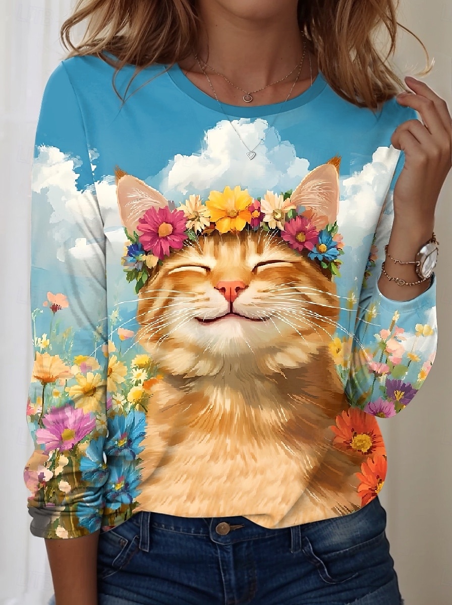 Dame T skjorte Blomstret Katt Fritid Langermet Crew-hals Vanlige topper Daglig Trykt mønster Blå Vår Høst 2025 - $22.99 –P1