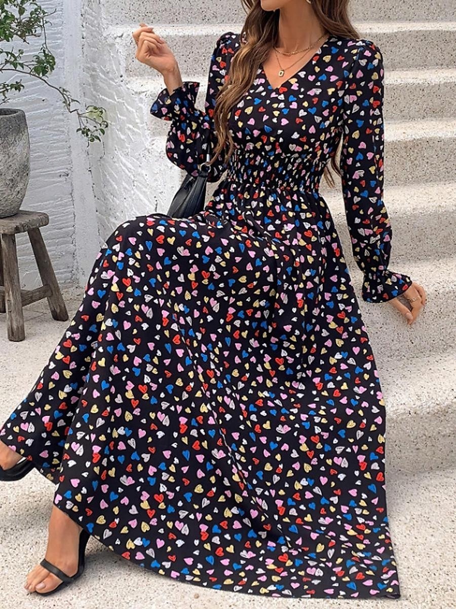 Damskie Sukienka maxi Sukienki w stylu boho Sukienka Boho Elegancki Codzienny Urlop Codzienny Regularny Kwiaty Długi rękaw W serek Czarny Zielony Khaki Wiosna Jesień 2025 - $32.99 –P5