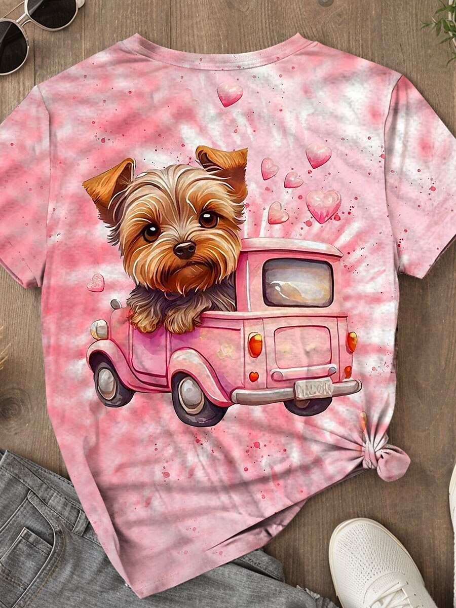 Valentine's Day Women's T Shirt Dog Casual Short Sleeve Round Neck Regular Tops Daily Print Pink Summer 2025 - $19.99 –P2