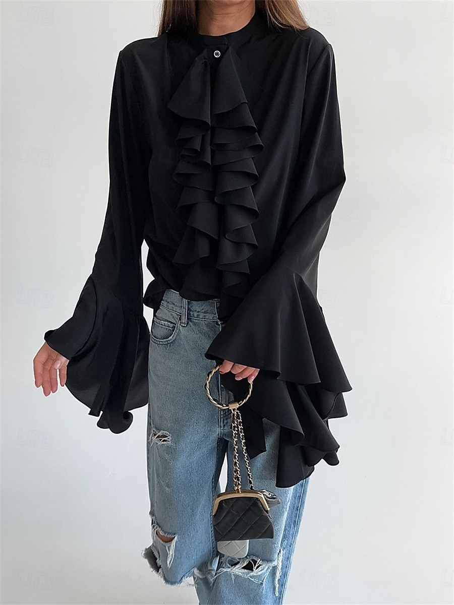 Жен. Рубашка Блуза Оборки Сплошной цвет Элегантный стиль Стиль На каждый день Длинный рукав Вырез под горло Обычные топы Повседневные Офис Праздники Черный Белый Весна Осень Зима 2026 - GBP £28 –P9