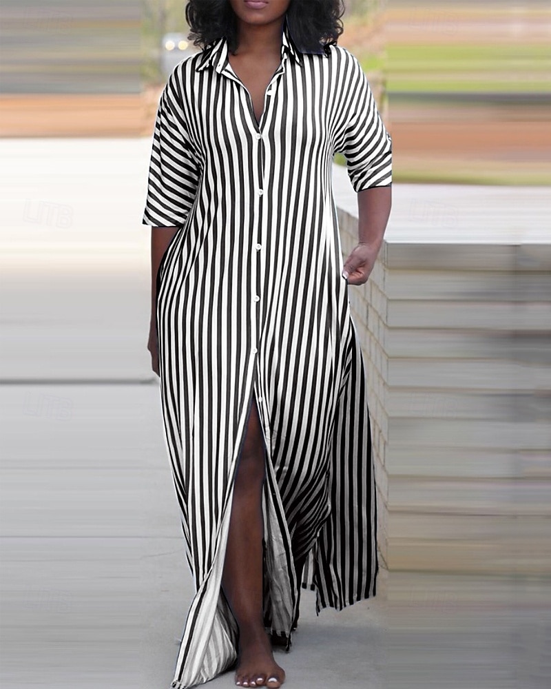 Femme robe longue Robe chemise Robe casual Robe d'été mode Décontractées Vacances du quotidien Rendez-vous Standard marinière Demi Manches Revers Noir Rouge Bleu Vert Eté Printemps de 2025 ? $23.99 –P2