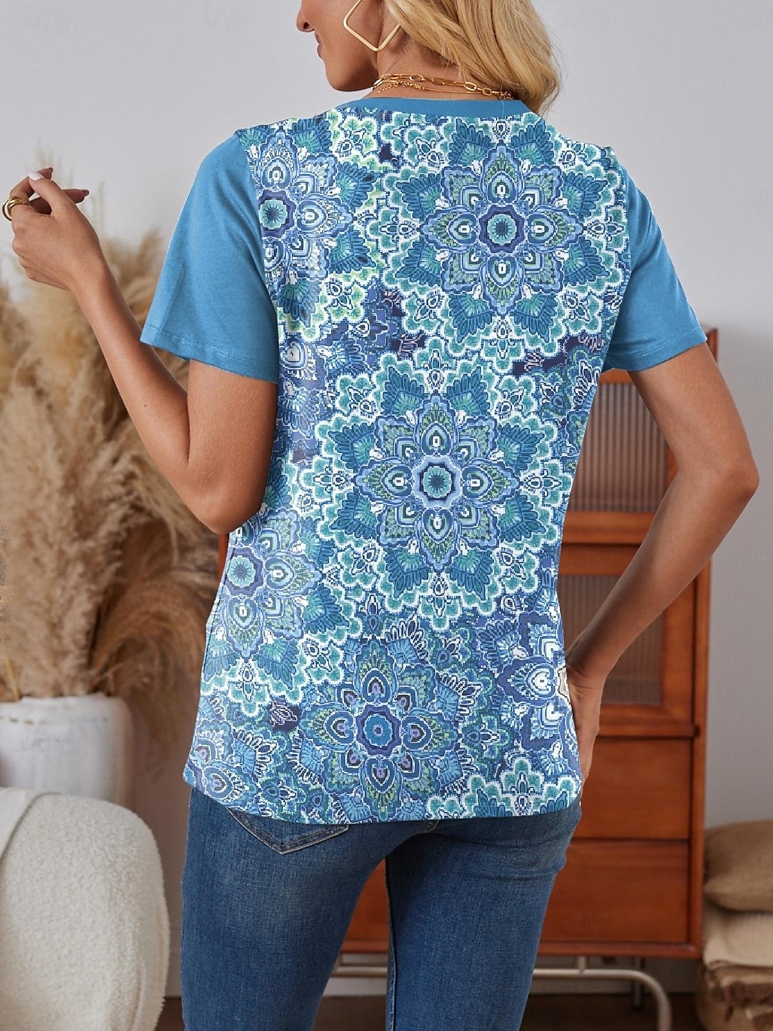 Women's T Shirt Vintage Casual Short Sleeve Round Neck Regular Tops Daily Print Pink Blue Summer 2025 - $19.99 –P2