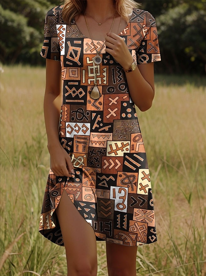 Femme Mini robe Mini-robe Robe t-shirt Robe d'été Robe Trapèze Décontractées Vacances Casual du quotidien Standard Géométrique Manche Courte Col Ras du Cou Marron Eté Printemps Automne de 2025 ? $23.99 –P1