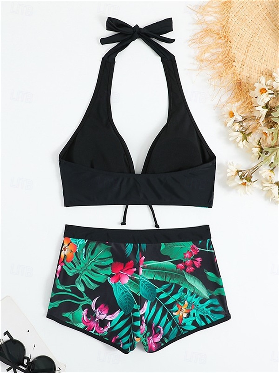 Dam Badkläder Bikini 2 st Pojkeben Baddräkt Öppen rygg Hög midja Smal Semester Standkläder Grafisk Halterneck Ärmlös Baddräkter 2025 - $26.99 –P2