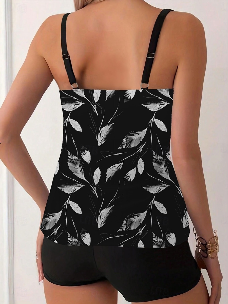 Dam Badkläder Tankini 2 st Pojkeben Baddräkt Öppen rygg Hög midja Semester Standkläder Löv Rund Ärmlös Baddräkter 2025 - $29.99 –P2