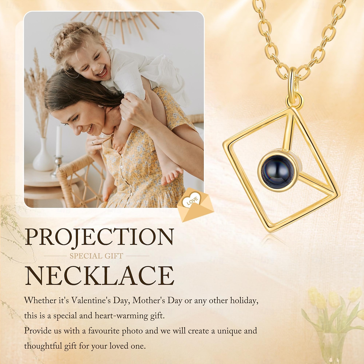 Colar de Projeção de Foto Personalizado - O Melhor Presente para Mãe – Pingente em Forma de Envelope com Pedra de Projeção Preta Presente Perfeito de Casamento ou Ocasião Especial de 2025 por $29.99 –P3