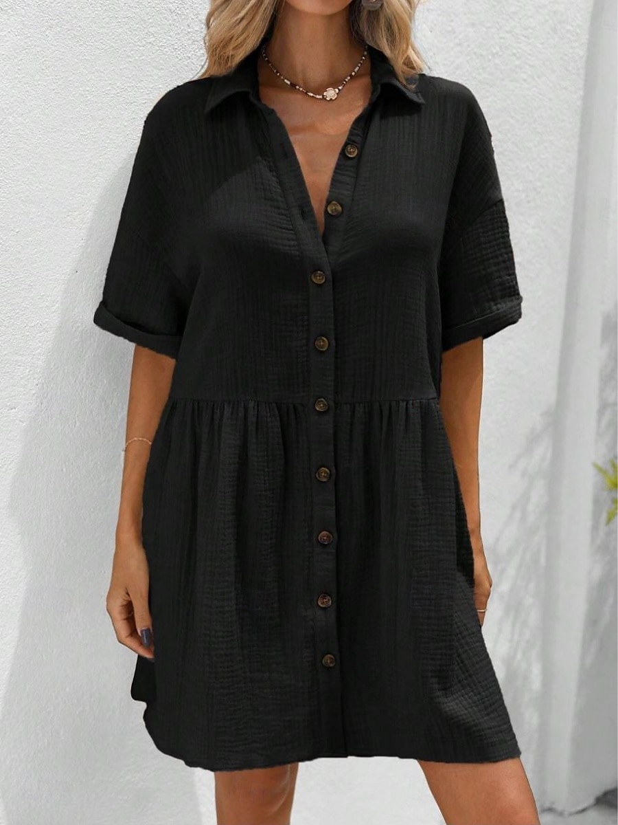 Robe-chemise courte pour femme, basique, décontractée, pour le quotidien, les vacances, coupe classique, manches courtes, col, noir, rose, abricot, été de 2026 ? $31.99 –P9