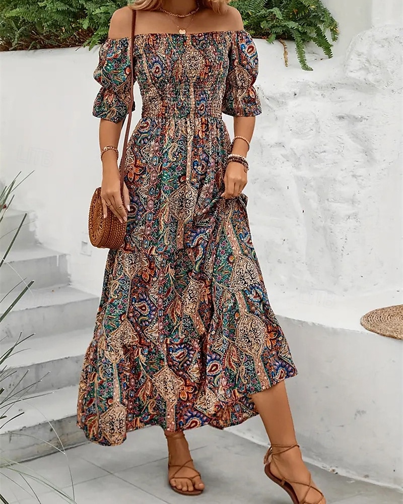 Dámské Dlouhé šaty Maxi šaty Áčkové šaty Letní šaty Boho šaty Elegantní Čechy stylové Dovolená Denní Rande Běžný Grafika Krátký rukáv Pod rameny Oranžová Trávová zelená Tmavomodrá Léto 2025 - $28.99 –P5