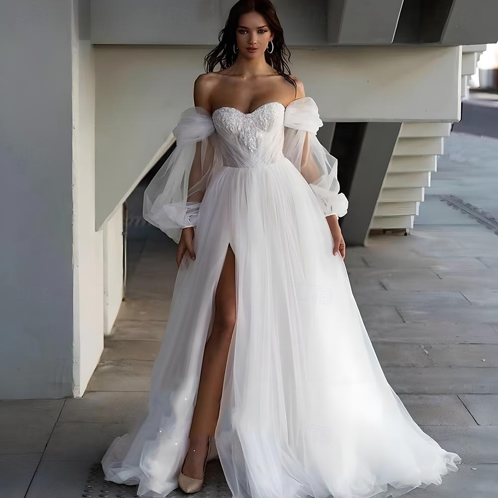 Beach Wedding Dresses A-Line Sweetheart Puff Sleeve Tulle Bridal Gowns With Ruched Details 2025 - $204.39 –P3