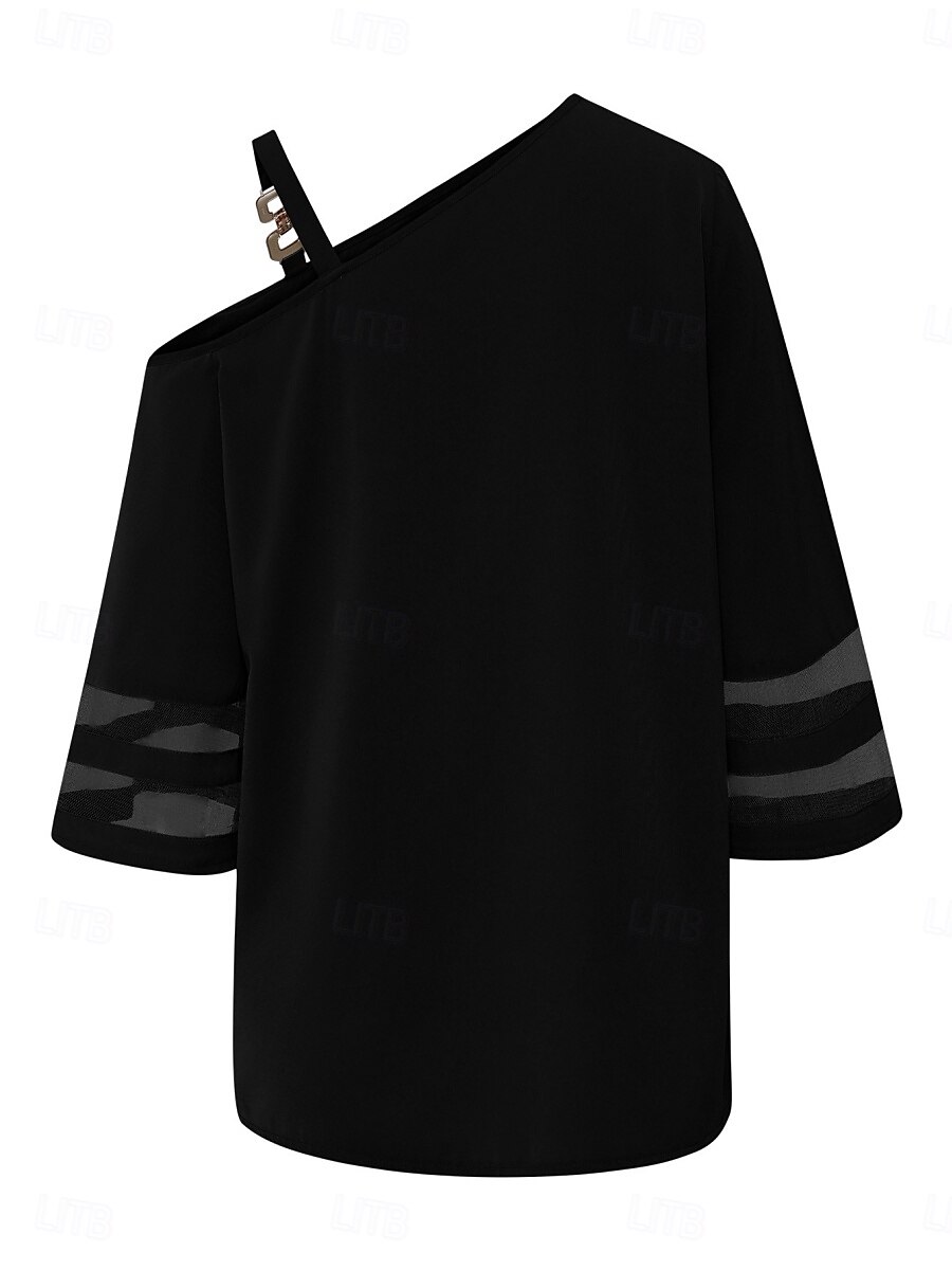 Damen Hemd Bluse Glatt Stilvoll Brautkleider schlicht 3/4 Ärmel kalte Schulter Normale Oberteile Täglich Patchwork Schwarz Blau Sommer Frühling 2025 - $27.99 –P5