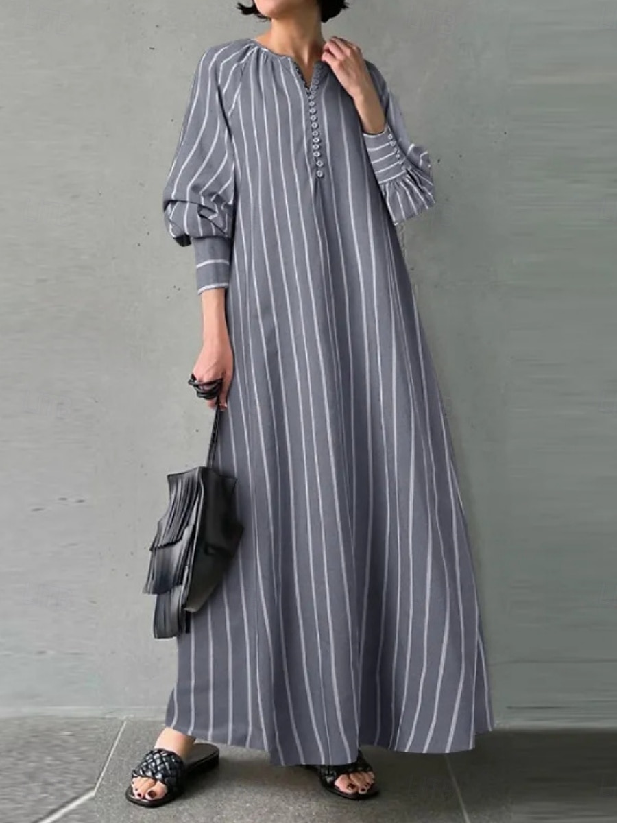 Damen Maxikleid Baumwoll-Leinen-Kleider Freizeitkleid Basic Lässig Urlaub Täglich Normale Passform Gestreift Langarm V Ausschnitt Weiß Blau Sommer Frühling 2025 - $28.99 –P1