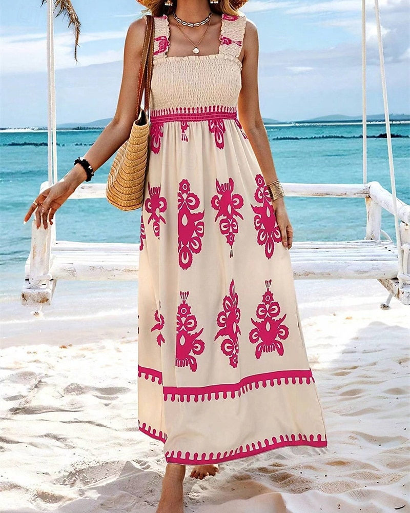 Femme robe longue Robe casual Robe Trapèze Robe d'été robe boheme Bohême Hawaïen mode Vacances du quotidien Rendez-vous Standard Graphic Sans Manches Col Carré Noir Rose Claire Rouge Vert Eté de 2025 ? $23.99 –P11