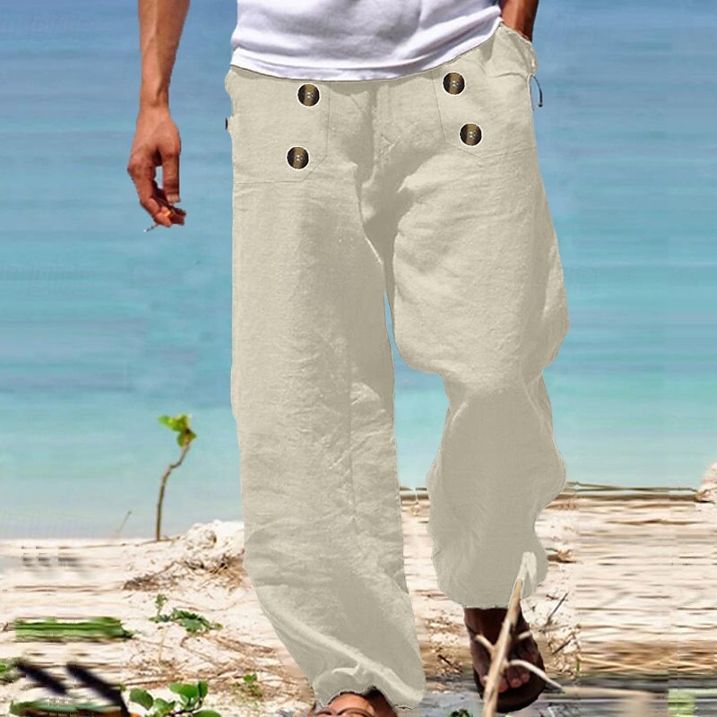 Férfi Vászon nadrág Nadrág Nyári nadrág Strand nadrág Géz nadrág Gombok Zsinór Rugalmas derék Sima Mokaszinok Légáteresztő Teljes hossz Napi Szabadság Tengerpart Szabadság Divat Fekete Fehér 2025 - $25.99 –P7