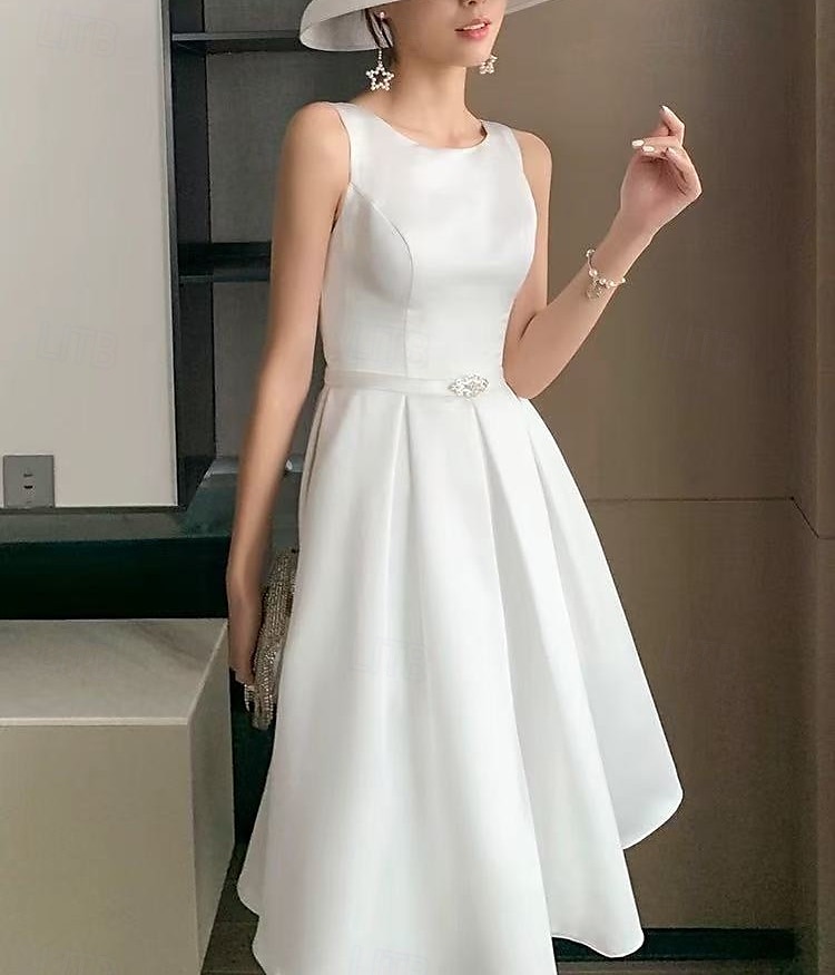 Robe da laurea bianche boho abiti da sposa abito a-line scollo a V senza maniche lunghezza al ginocchio in jersey completi da sposa abiti da sposa con cintura  nastri del 2025 a $141.99 –P3