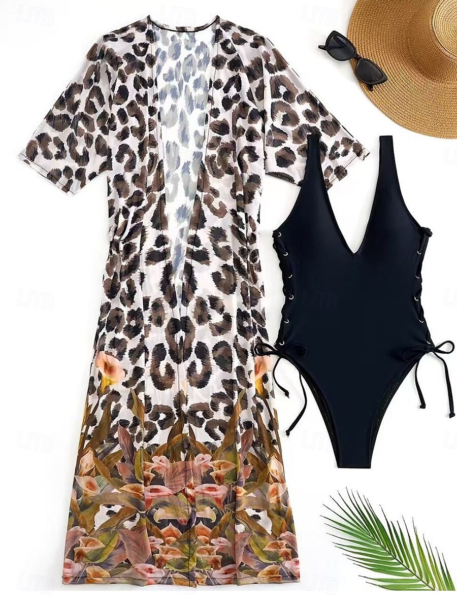 Dam Badkläder Bikini 2 st Baddräkt Öppen rygg Smal Semester Standkläder Leopard V-hals Ärmlös Baddräkter 2025 - $44.99 –P6