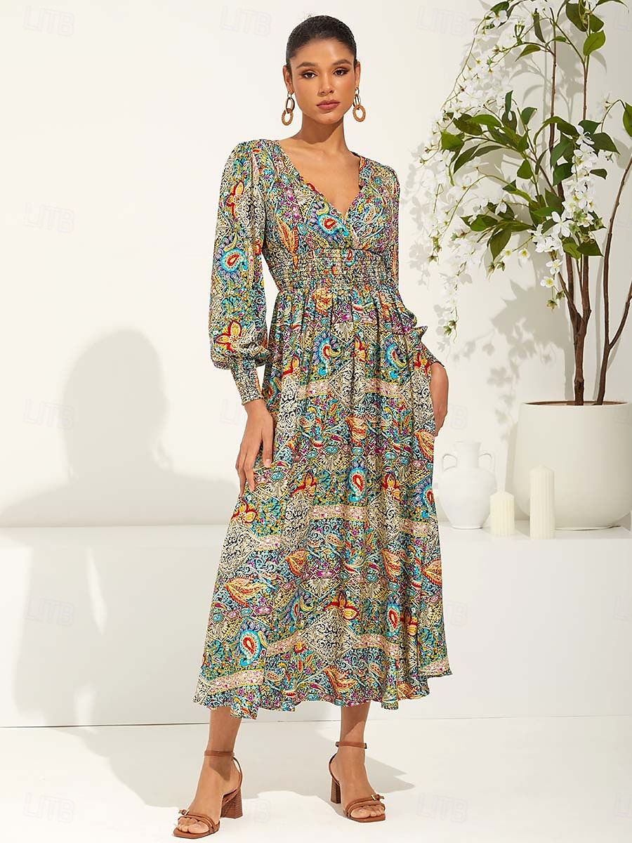 Femme Robe Maxi Robe ethnique Robe Évasée Elégant mode Vacances Ample Graphic Cachemire manche longue Col V Vert Eté Printemps de 2025 ? $39.99 –P5