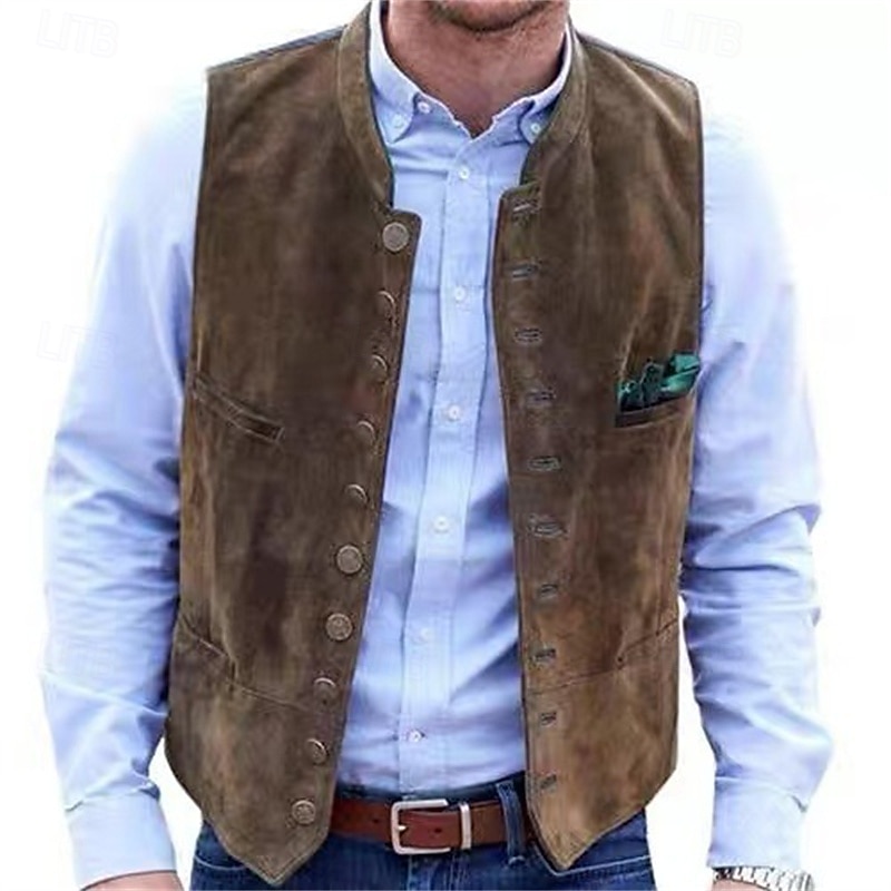 Men's Vest Gilet Suede Vest Vacation Daily Date Fashion Casual Spring & Fall Buttons Pocket Polyester Comfortable Plain Single Breasted One-button Stand Collar Regular Fit Black Red Blue Army Green 2025 - $44.99 –P1