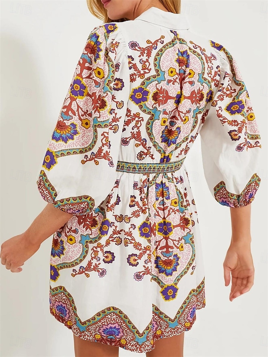 Damskie Sukienka mini Sukienka A line Sukienka Boho Elegancja Bohema Śłodkie Latarnia rękawem Urlop Codzienny Randka Luźna Graficzny Rękaw 1/2 W serek Biały Lato Wiosna Jesień 2025 - $37.99 –P4