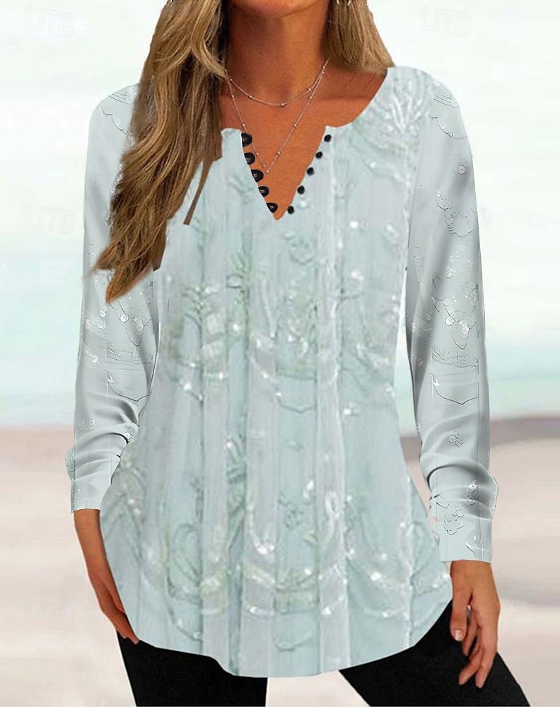 Kvinne Tunika Skjorte Henley Skjorte Bluse Tunika Basic Blomster Knappe Print Lang Erm Regular Tops Rund Hals Casual Ferie Gul Rosa Grønn Grå Lys Blå Vår Høst 2025 - $21.99 –P5