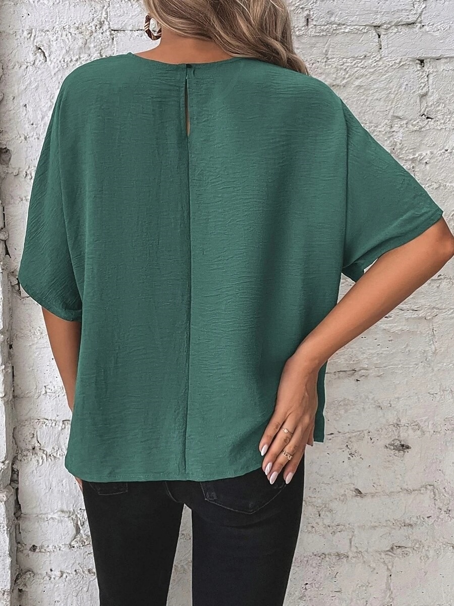 Dame Bluse Helfarge Stilfull Fritid Kortermet Crew-hals Vanlige topper Daglig Asymetrisk kant Navyblå Grønn Sommer Vår Høst 2025 - $23.99 –P2