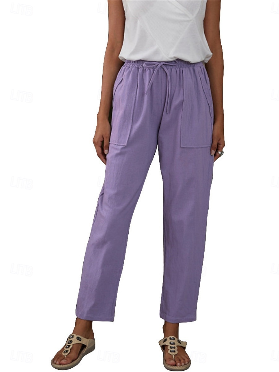 Per donna Pantaloni in cotone e lino Chinos Stile Classico Lunghezza intera Vita Alta Semplice Tasca Fascia Elastica Comodo Morbido Confortevole Micro-elastico All'aperto Streetwear Viola Verde del 2025 a $21.99 –P4