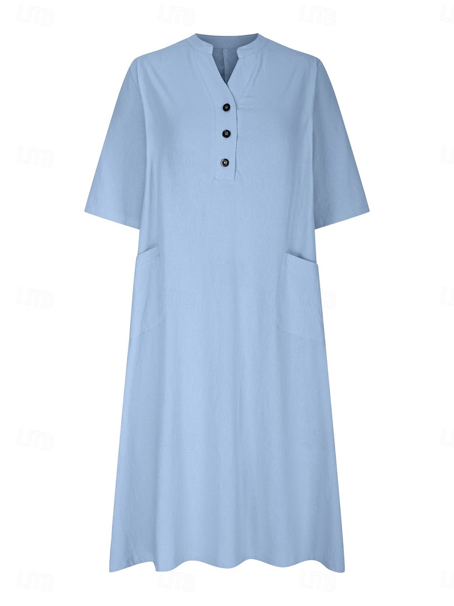Women's Midi Dress Cotton Linen Dresses Basic Casual Vacation Daily Regular Fit Plain 3/4 Length Sleeve Notched Neck Black Red Purple Light Blue Summer 2025 - $22.99 –P4
