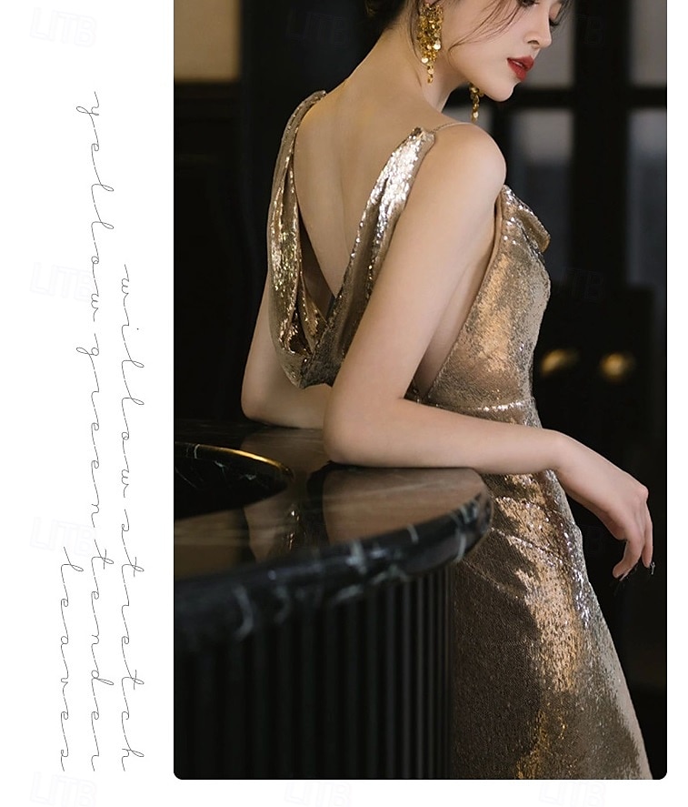 Robe fourreau  colonne Robes de bal Robe scintillante Robe formelle de mariage Longueur de sol Sans manches Col drapé Polyester avec paillettes de 2025 ? $116.99 –P3